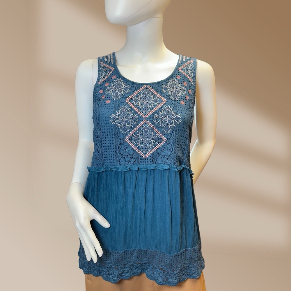 Knox Rose Ladies Embroidered Dusty Blue Top Size X-Small